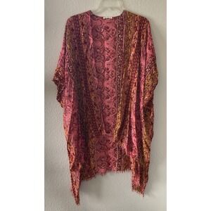 Breezy Lane Kimono Shawl Cover Up Women's OS Floral Open Boho Red Pink Yellow